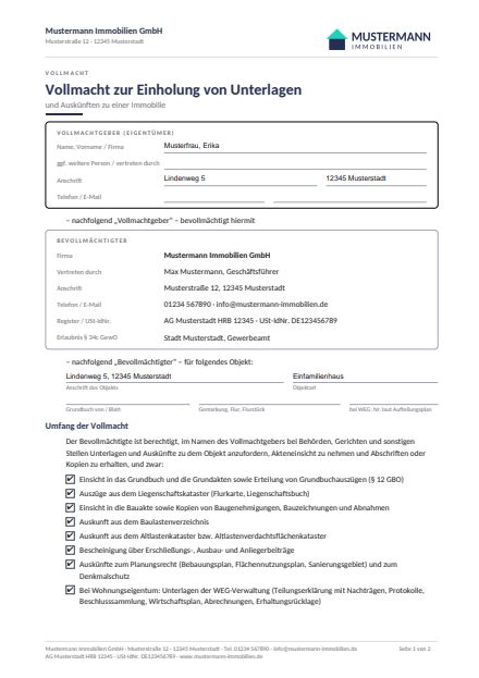 Vorschau Vollmacht zur Einholung von Unterlagen