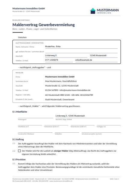Vorschau Maklervertrag Gewerbevermietung