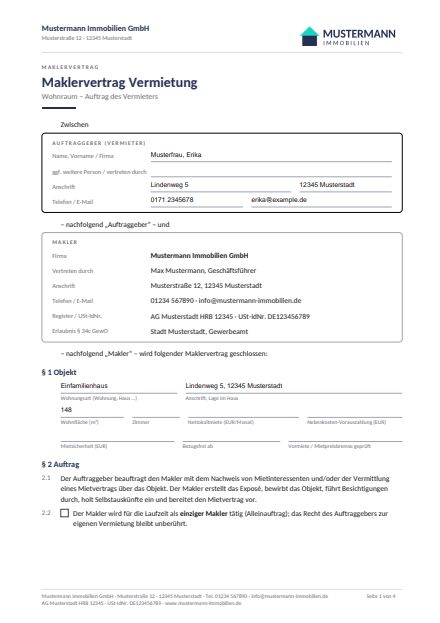 Vorschau Maklervertrag Vermietung Wohnraum
