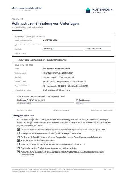 Vorschau Vollmacht zur Einholung von Unterlagen