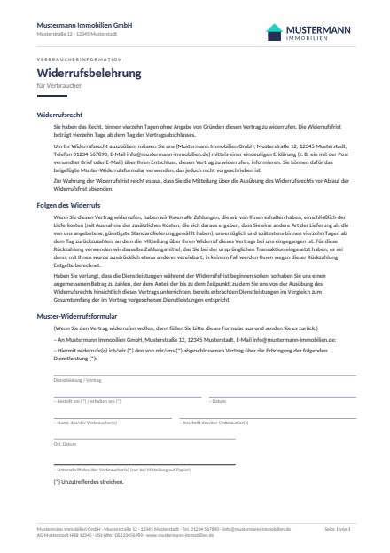 Vorschau Widerrufsbelehrung mit Formular